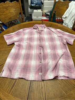 Tommy Bahama Pink and White Plaid Short Sleeve Button-Down Shirt